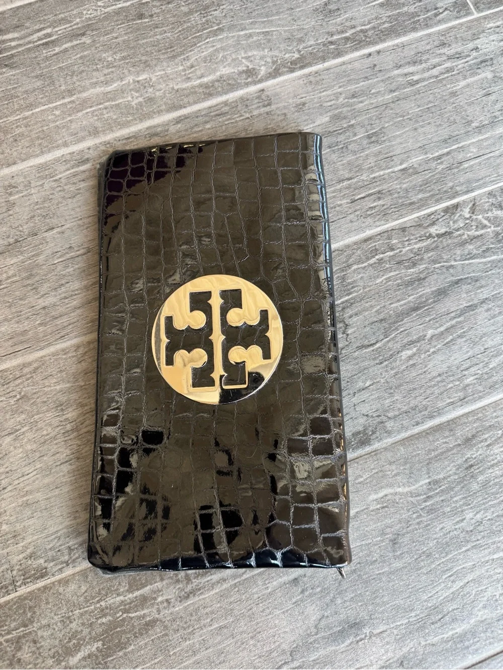 Tory Burch Reva Croc Embossed Patent Leather Fold over clutch bag